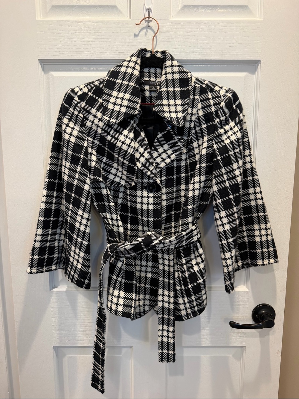 East 5th Black & White Plaid Belted Cropped Pea Coat Wide Sleeves